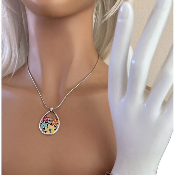 Brighton Spring Meadow Enamel Flower Silver Retired Necklace. Multi Colored - Picture 1 of 5